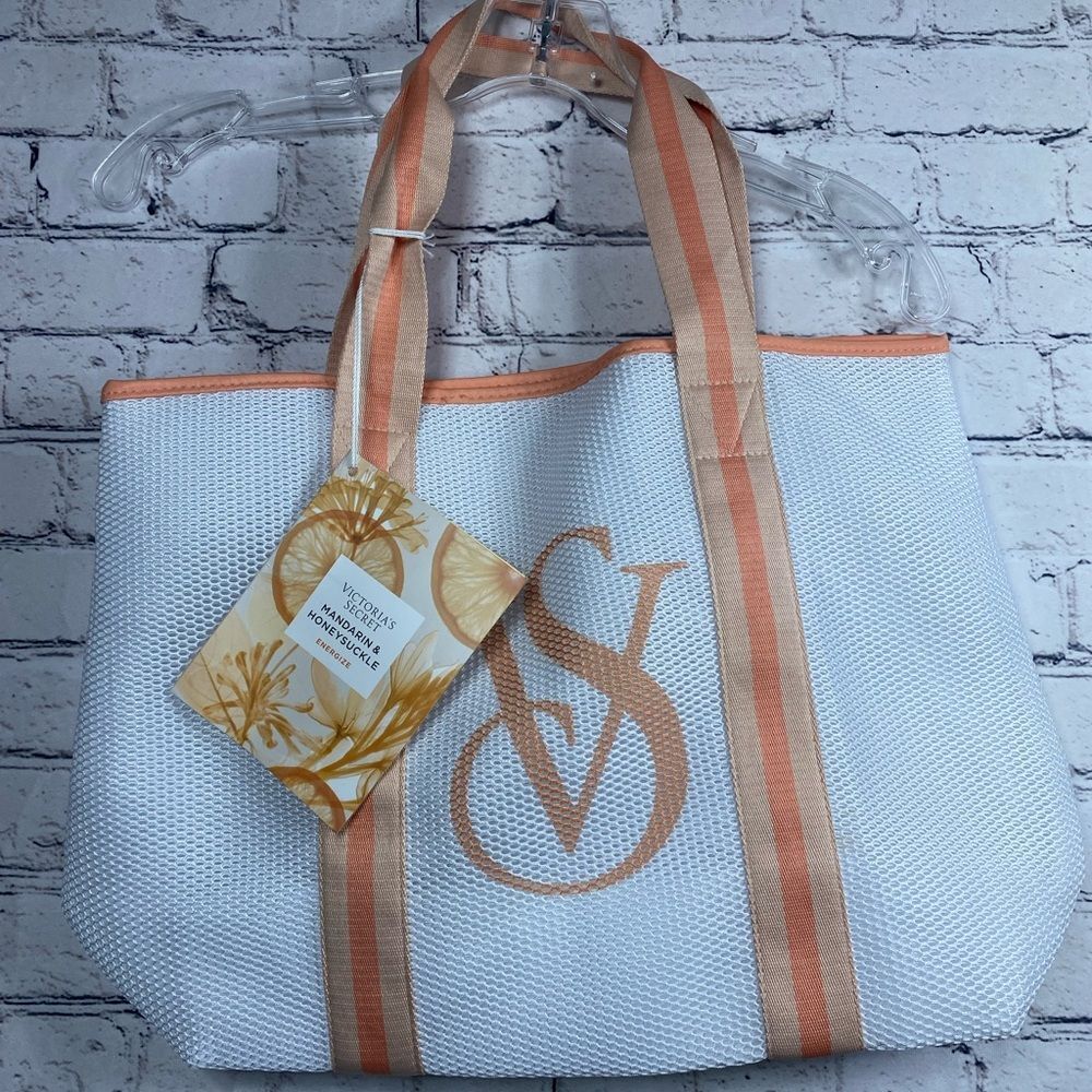 New Victoria's Secret Weekender Tote Mesh Bag White Orange Women's Fall Gym Yoga